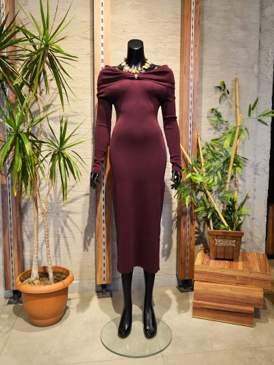 90261 Bardot Yaka Aksesuarlı Triko Elbise